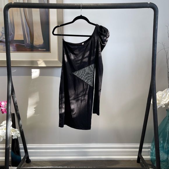 Trac Dresses & Skirts - Sheer Black One Shoulder Long Sleeve Dress - See-Through Cut Out